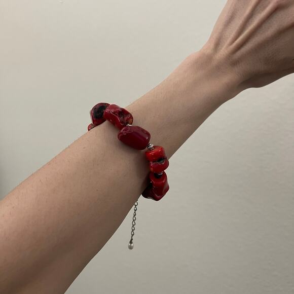 Vintage Y2K Chunky Natural Red Coral Bracelet Silver Tone Chain Pearl Adjustable - Picture 13 of 16